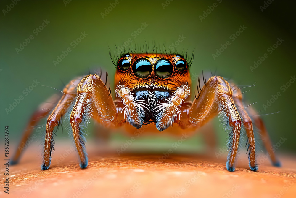 A close-up view of a vibrant spider showcasing its intricate details and colorful features against a soft green background. A close-up view of a vibrant spider showcasing its intricate details and colorful features against a soft green background.