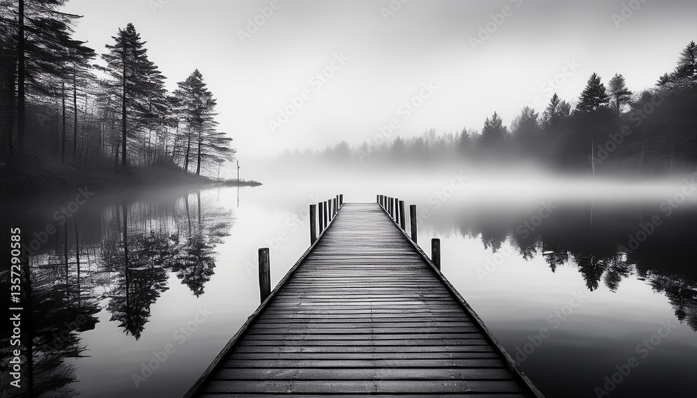 Naklejka premium serene black and white landscape of a misty forest lake with a wooden dock tranquil monochrome nature scene with reflections and fog