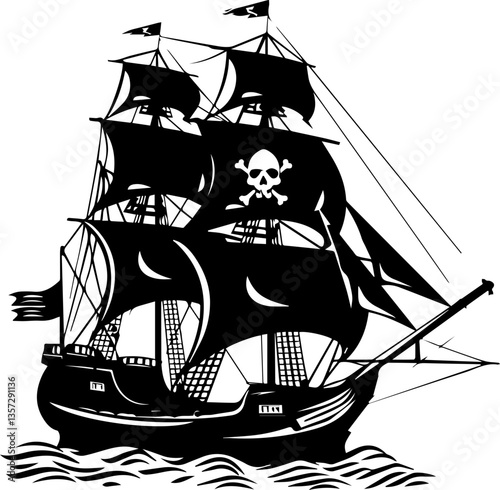  pirate ship vector black and white illustration old galleon and skull flags sailing at the sea