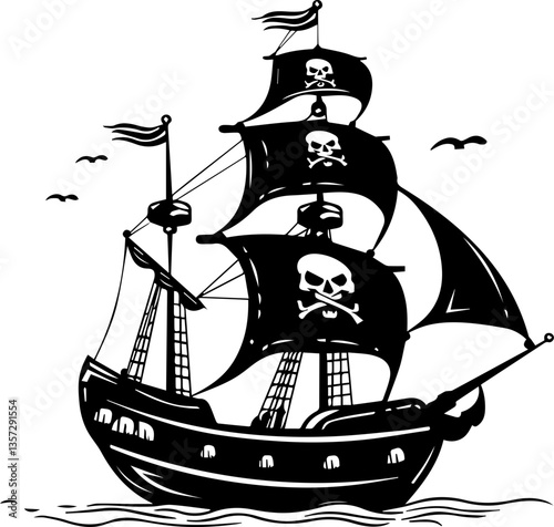  pirate ship vector black and white illustration old galleon and skull flags sailing at the sea