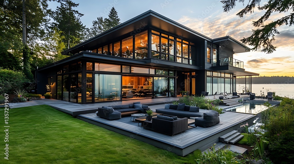 Obraz premium A contemporary house with a dark steel facade, vast windows, and a wrap-around deck with modern outdoor furniture.