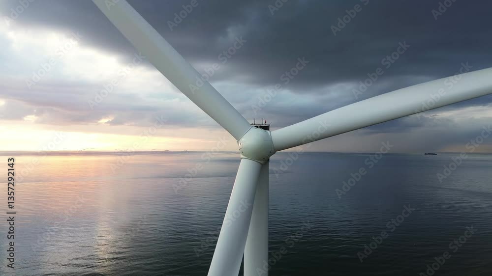 wind turbine on ocean at the maasvlakte in rotterdam, with a cloudy sunset sky in the background.