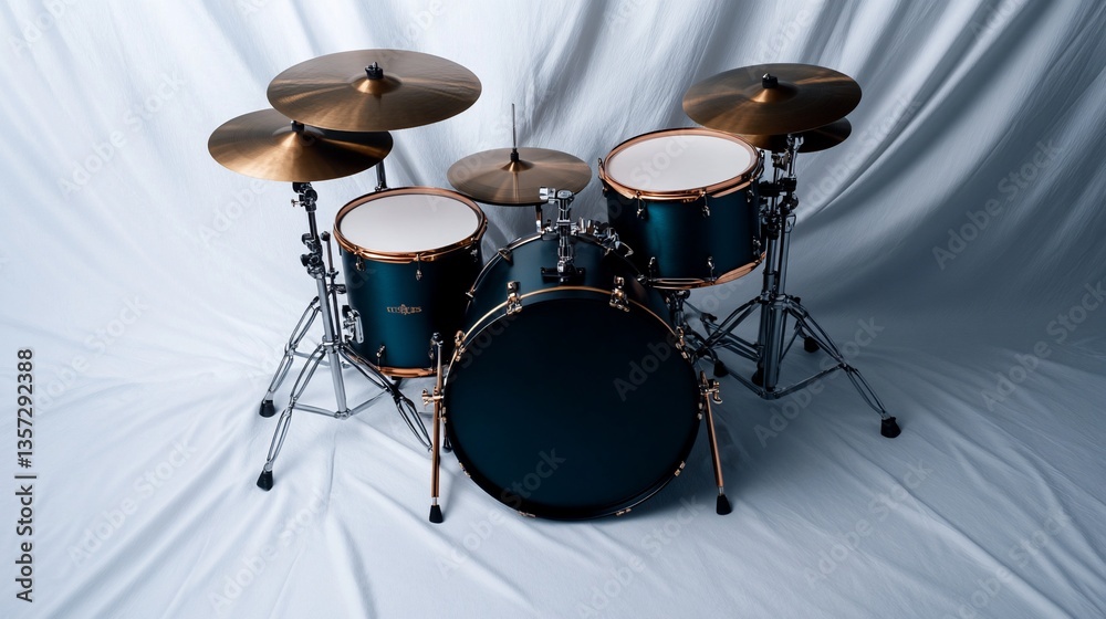 Elegant Studio Capture of a Deep Teal Drum Set with Bronze Hardware Accents Elegant Studio Capture of a Deep Teal Drum Set with Bronze Hardware Accents