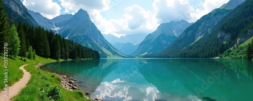 Beautiful panoramic view of Morskie Oko lake surrounded by mountains and lush greenery in the Tatra National Park, Poland,  wilderness,  nature