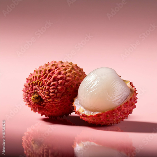 an unpeeled lychee with its textured, spiky shell lying beside a perfectly halved lychee 