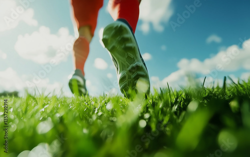 Soccer Player Running on Grass Field with Blue Sky and Clouds, Low Angle View