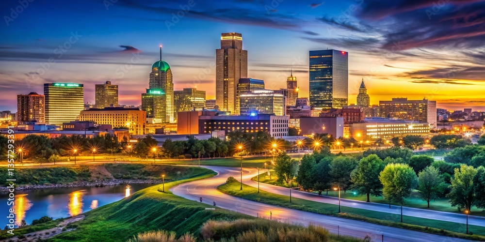 Fototapeta premium Nebraska Night Skyline: Dramatic Cityscape at Dusk