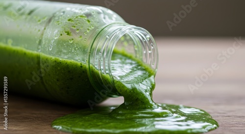 Green Smoothie Spilling From Bottle Onto Wooden Surface Close Up
