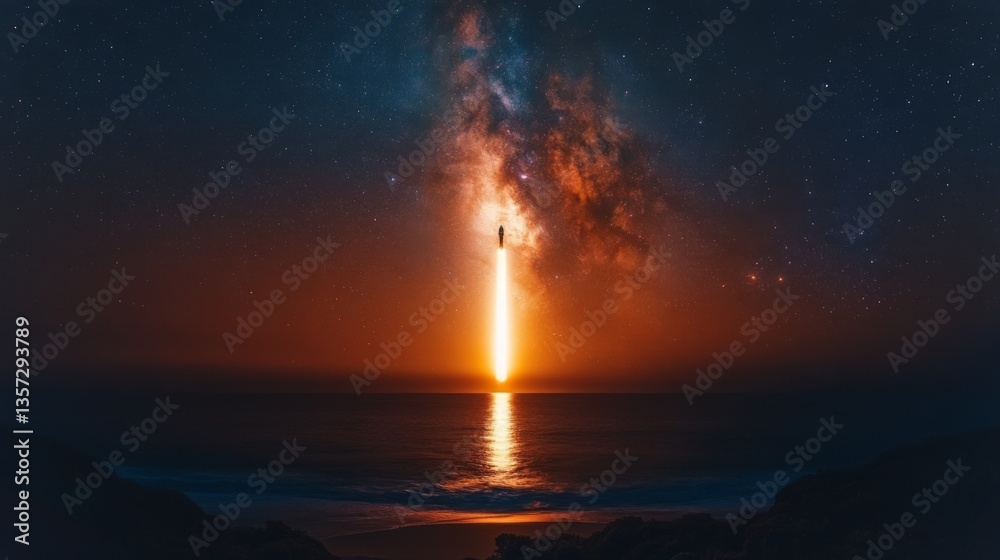 Fototapeta premium The rocket ascends into the night sky, leaving a bright trail of fire over the ocean, highlighting the power of modern aerospace technology and innovative recovery methods during launch.