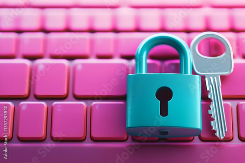 A colorful padlock with a key rests on a vibrant pink keyboard, symbolizing digital security and protection. photo
