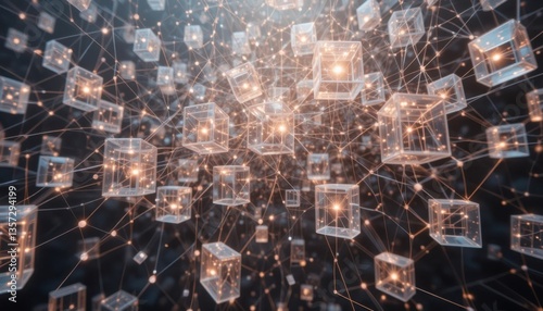 Abstract Data Network: A vibrant display of interconnected, transparent cubes radiating with inner light, floating in a dark, ethereal space, hinting at the complexities of a data network.