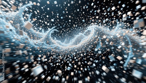 Digital Data Stream: An abstract visualization of a digital data stream, showcasing flowing waves of information and floating cubes against a dark backdrop.