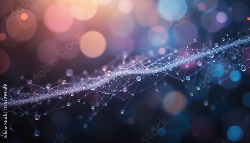Abstract Network: A mesmerizing abstract depiction of a digital network, where interconnected nodes and lines intertwine with glistening water droplets against a bokeh background.