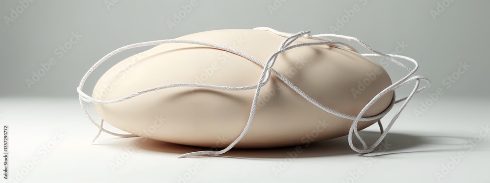 A white egg with a string wrapped around it. A white egg with a string wrapped around it.