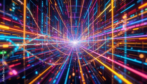 Neon Data Streams: A mesmerizing, colorful depiction of a digital data flow, illuminated by neon lights weaving a network of lines, evoking the essence of innovation and technology.