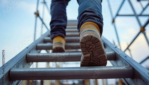 A worker wearing safety shoes ascends a ladder at a construction site, showcasing safety practices in an active working environment