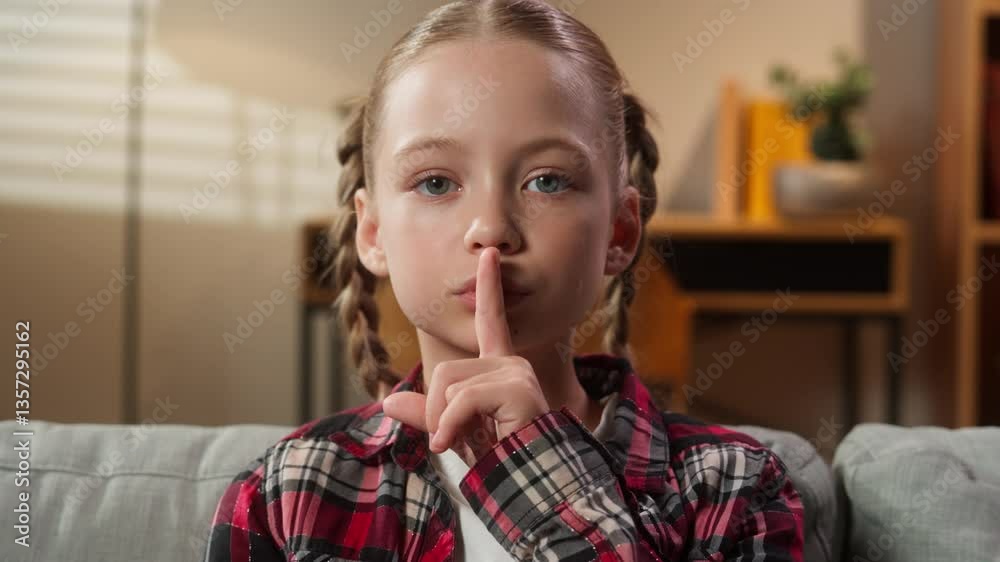 Close up portrait face headshot serious mystery child showing hush silent gesture silence forbidden speak secret information secrecy little Caucasian kid girl daughter baby at home looking at camera
