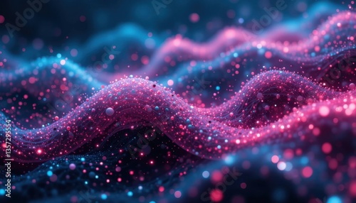 Cosmic Waves: A breathtaking illustration of ethereal, sparkling waves in a dance of deep blues and radiant pinks, evoking a sense of the cosmos, mysteries, and limitless imagination. 