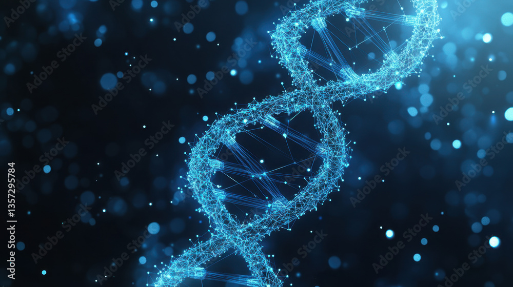Blue low-poly DNA helix design set against a digital background creates a modern and abstract visual effect showcasing technology in genetics Blue low-poly DNA helix design set against a digital background creates a modern and abstract visual effect showcasing technology in genetics