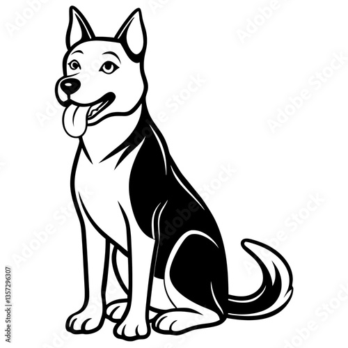 A vector silhouette of a dog sitting with its tongue out, looking alert, centered on a white background 