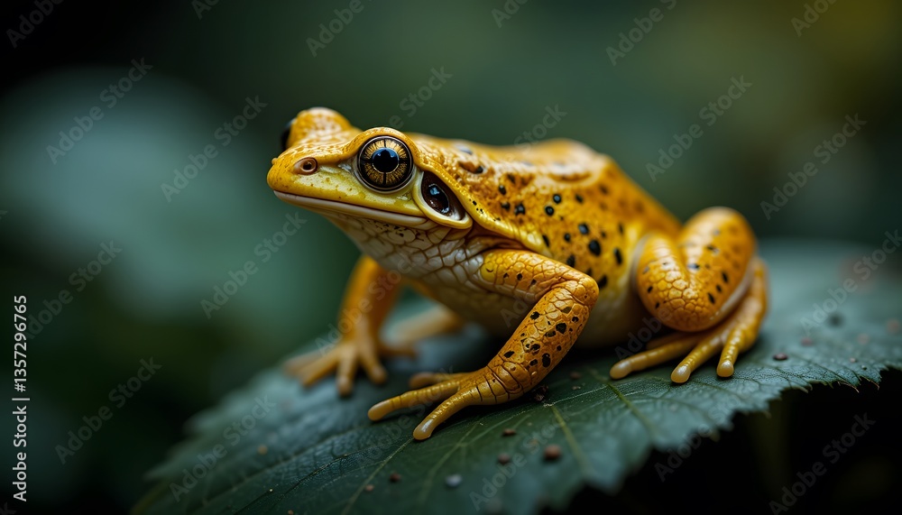 Fototapeta premium Yellow Frog with Black Spots Resting on Green Leaf