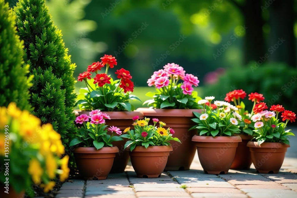 Beautiful shade garden pots with a variety of lush greenery and colorful flowers, outdoor, decor Beautiful shade garden pots with a variety of lush greenery and colorful flowers, outdoor, decor