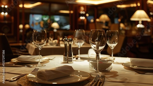 Dining table in the restaurant with elegant tableware, cozy ambiance, fine dining setup, modern decor, candlelight dinner, stylish interior