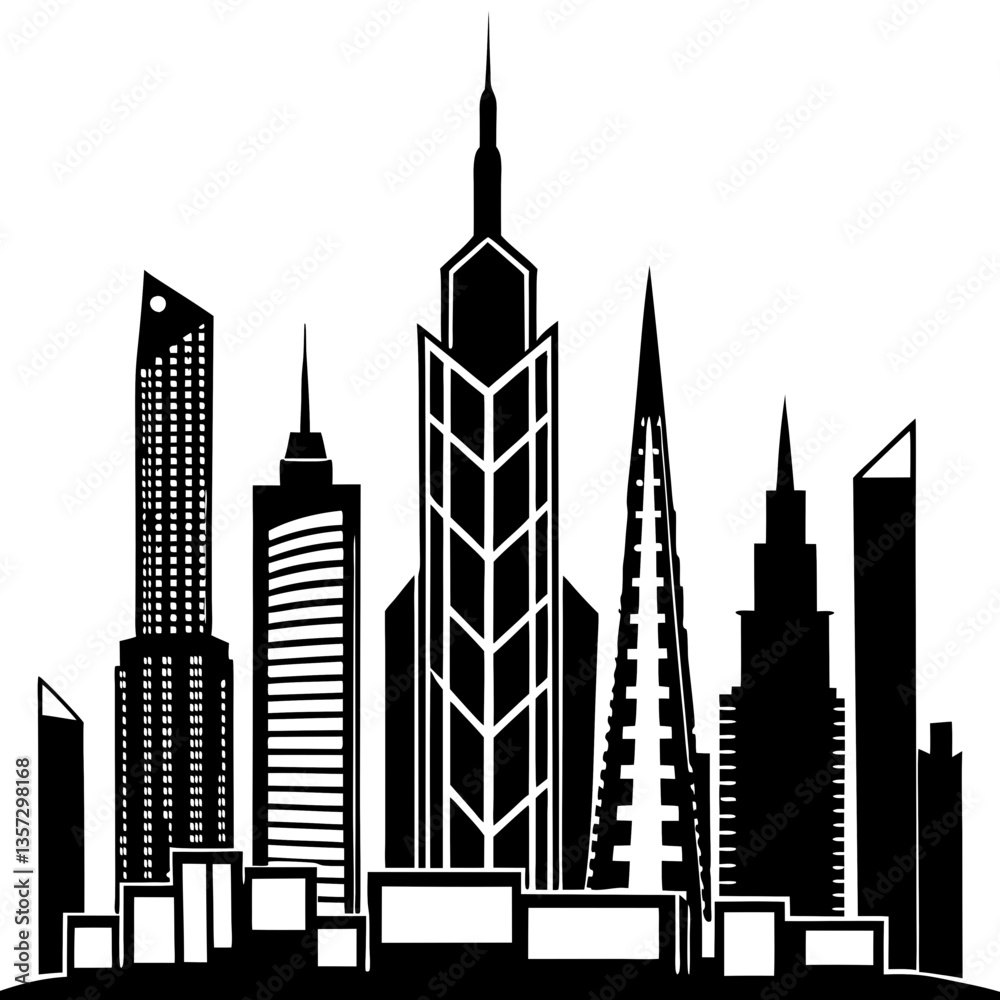 Obraz premium black and white city skyline, featuring a mix of modern skyscrapers and classic building design
