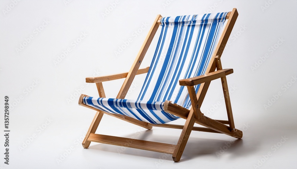 a classic wooden beach chair with blue and white stripes isolated on a white background high definition sharp details studio lighting a classic wooden beach chair with blue and white stripes isolated on a white background high definition sharp details studio lighting