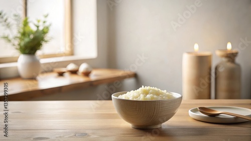A simple bowl of creamy rice sits on a light wood table, bathed in soft light from nearby candles, creating a serene and calming atmosphere in a minimalist home setting.