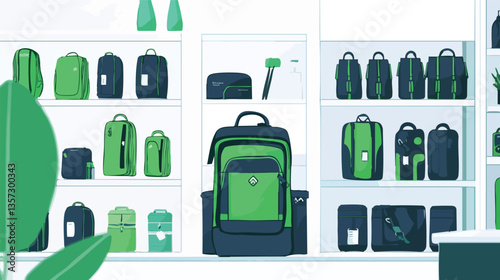 travel store vector illustration - minimalist luggage shop with suitcase, backpack and passport design