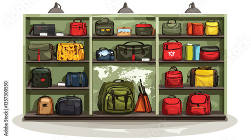 travel store vector illustration - minimalist luggage shop with suitcase, backpack and passport design