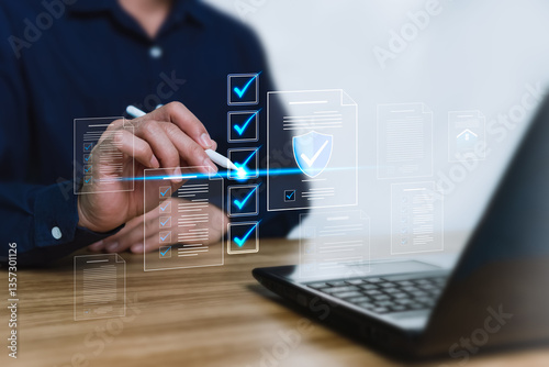 Electronic document management concept, paperless world, mutual agreement, HR documents, insurance, and real estate contracts with fast, accurate, and secure digital technology on a virtual screen.