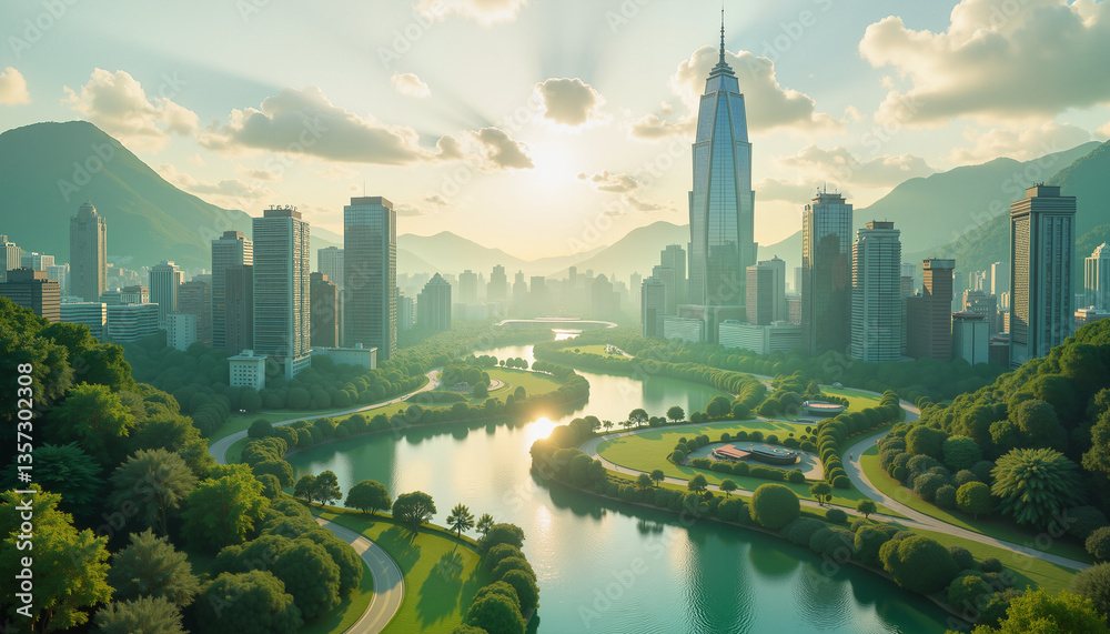 Fototapeta premium Urban Landscape with River and Mountains at Sunrise 