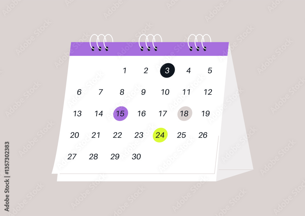 This paper calendar features vibrant colors highlighting specific dates, perfect for organizing important events and activities throughout the month with a modern, artistic flair