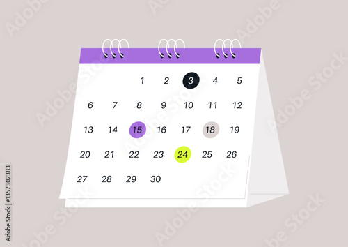 This paper calendar features vibrant colors highlighting specific dates, perfect for organizing important events and activities throughout the month with a modern, artistic flair