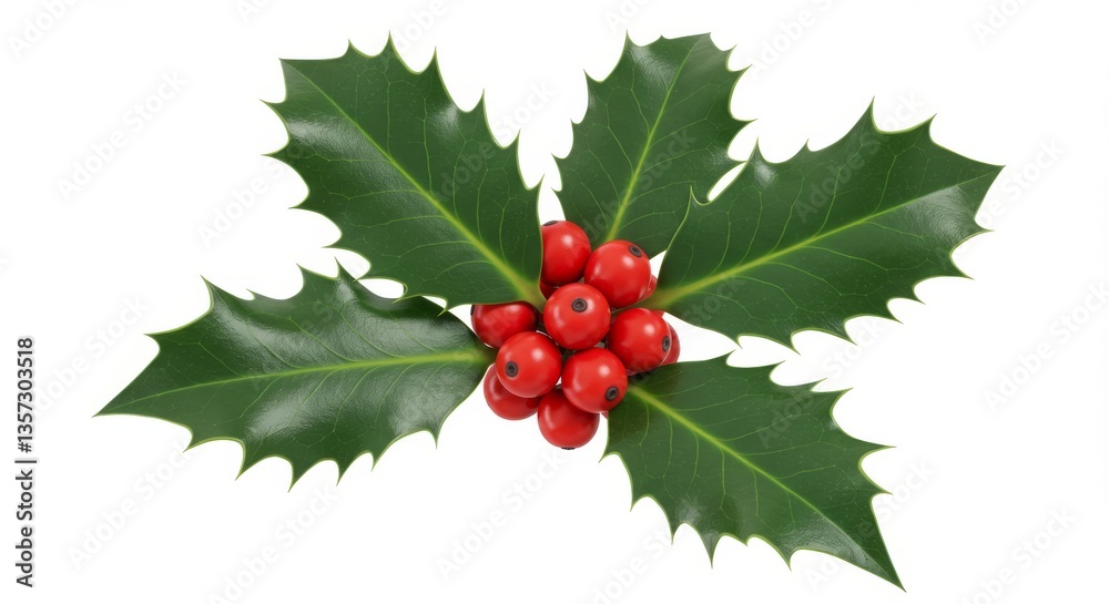 Obraz premium Holly Sprig with Red Berries Isolated - Festive holly sprig, red berries, winter greenery, nature, Christmas symbol. Represents joy, celebration, tradition, and nature's beauty