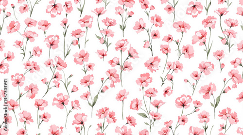 Watercolor seamless pattern pink wild flowers on the white background