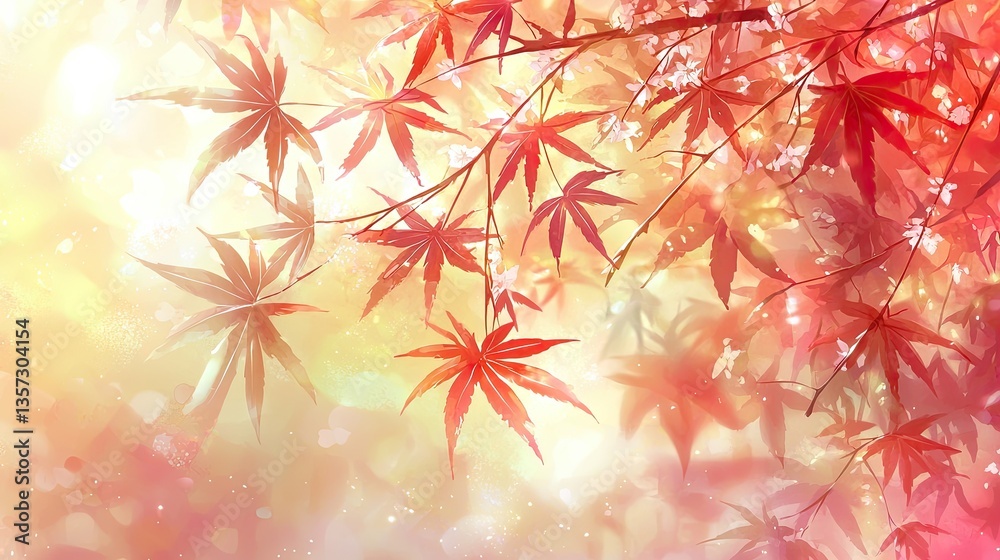 Fototapeta premium Autumn maple leaves, sunlit branches, soft focus, nature background, digital art
