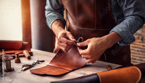 tanner makes leather product purse with your own hands diy instruction indoor closeup lifestyle authentic eco production entrepreneur stitches