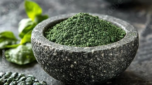 Dark green powder in stone bowl, leaves, dark background. Health food product