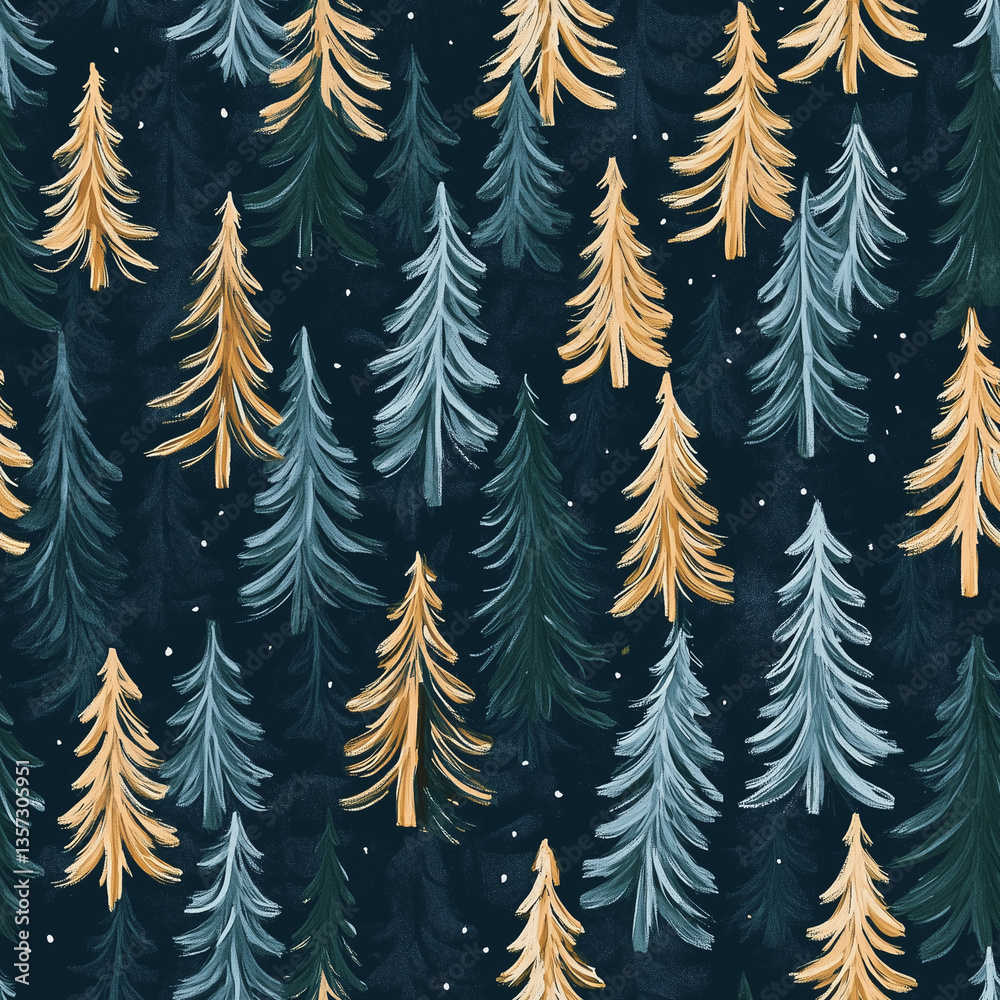 Fototapeta premium Long winter, pine trees fabric, seamless pattern 