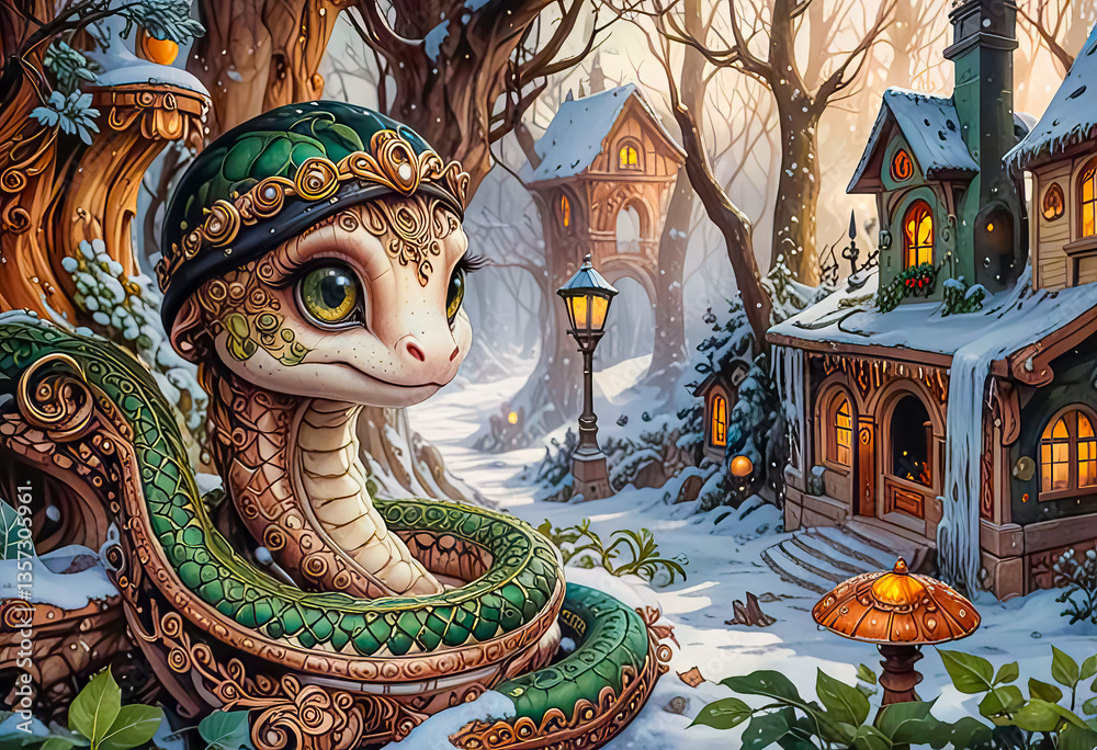 Obraz premium Portrait of a green snake in a Santa hat, Symbol of the year according to the Eastern calendar