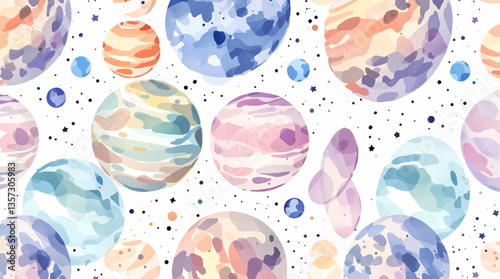 Watercolor seamless pattern planets  on the white background