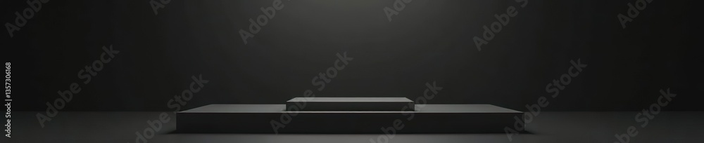Black podium display with long platform on dark background, product shelf backdrop, 3D rendering, podium, display Black podium display with long platform on dark background, product shelf backdrop, 3D rendering, podium, display