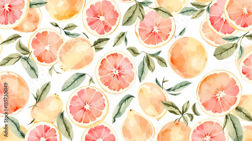 Citrus watercolor Pattern with Oranges and Leaves on White Background