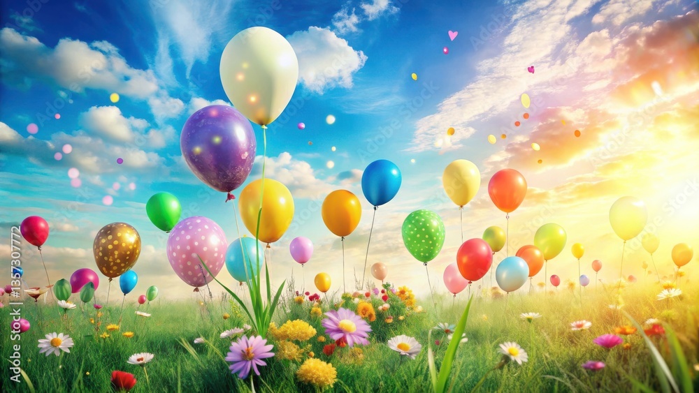 Joyful Celebration Colorful Balloons Floating Above a Lush Meadow Under a Sunny Sky Joyful Celebration Colorful Balloons Floating Above a Lush Meadow Under a Sunny Sky