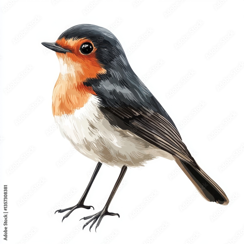Fototapeta premium Artistic robin illustration with vibrant orange breast and detailed feathers on a white background capturing a serene and natural mood