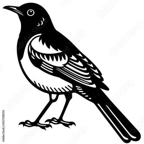 A striking black and white illustration of a bird, its elegant plumage detailed with intricate linework, conveying a sense of quiet grace and natural beauty.