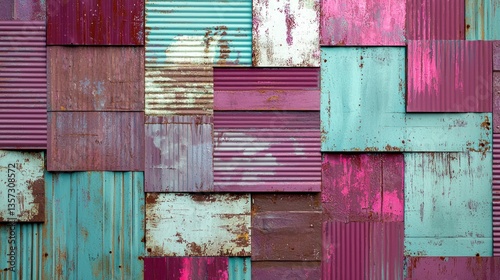Colorful, rusty metal panels wall design; urban background
